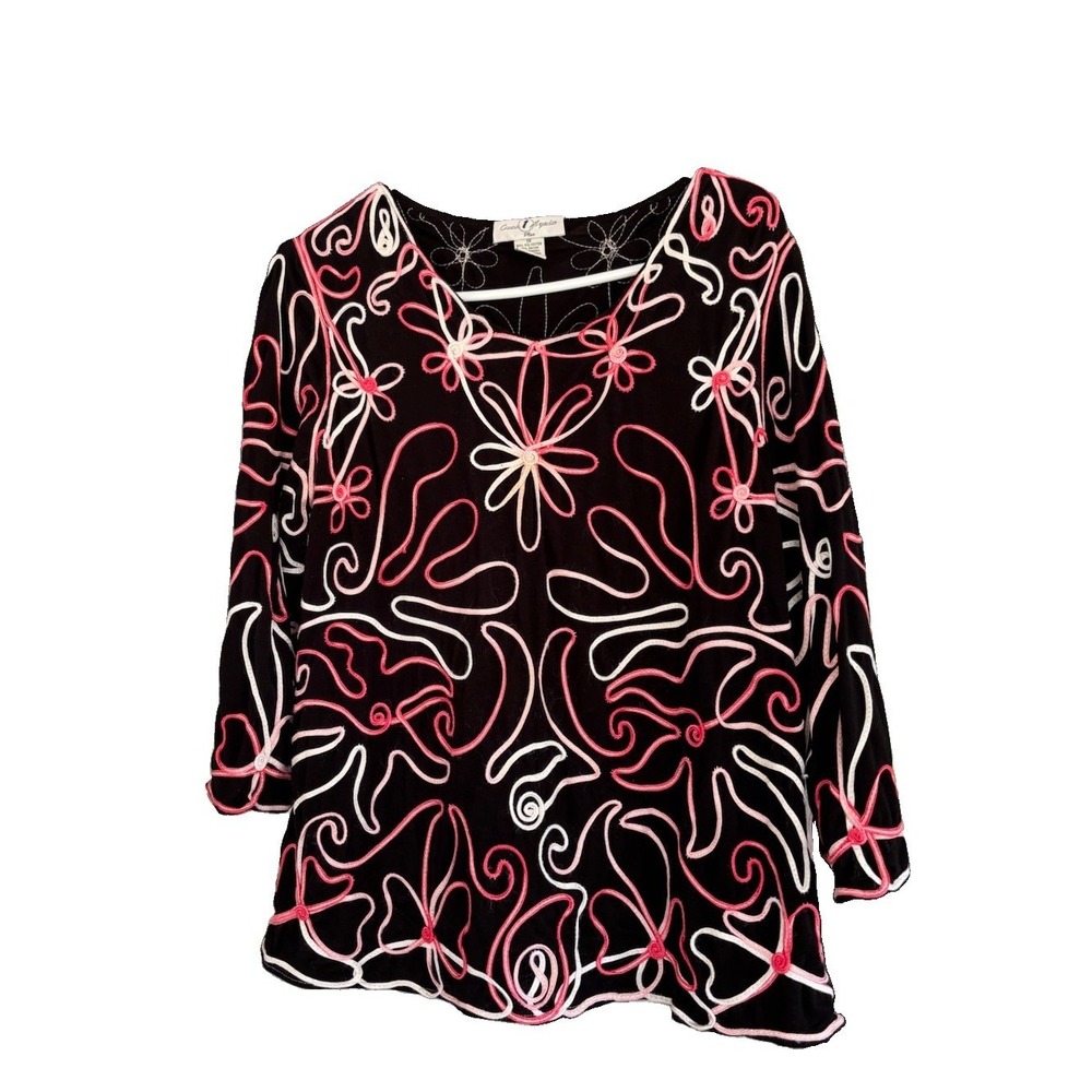 Once 1 Again Pullover Knit Top Black Pinks Swirl Flower Appliqué Tunic  1X